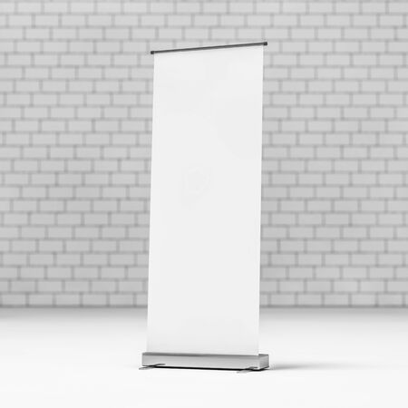 Blank Roll Up Banner on white background. 3D renderingの写真素材