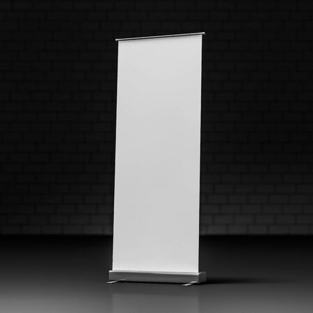 Blank Roll Up Banner on black background. 3D renderingの写真素材