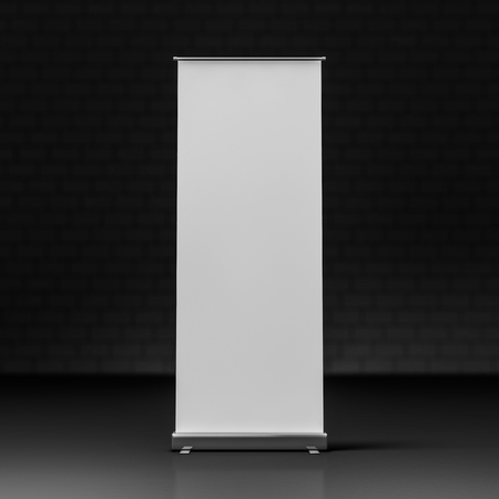 Blank Roll Up Banner on black background. 3D renderingの写真素材
