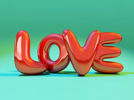 Red inflatable word love over background with reflection. 3D rendering.の写真素材