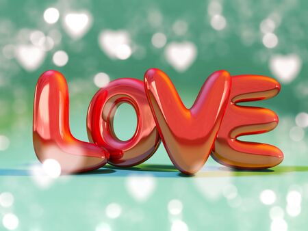 Red inflatable word love over background with reflection. 3D rendering.の写真素材