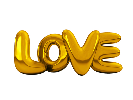 Gold inflatable word love over background with reflection. 3D rendering.の写真素材