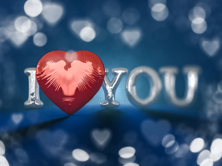 Red inflatable word love over background with reflection. 3D rendering.の写真素材