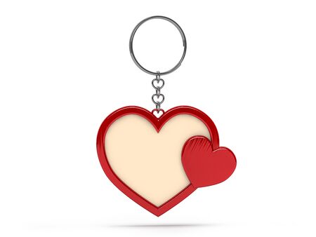 Illustration of a blank metal heart shape keychain with a ring for a key, Isolated on a transparent background. 3D rendering.の写真素材