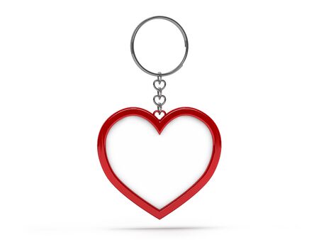 Illustration of a blank metal heart shape keychain with a ring for a key, Isolated on a transparent background. 3D rendering.の写真素材