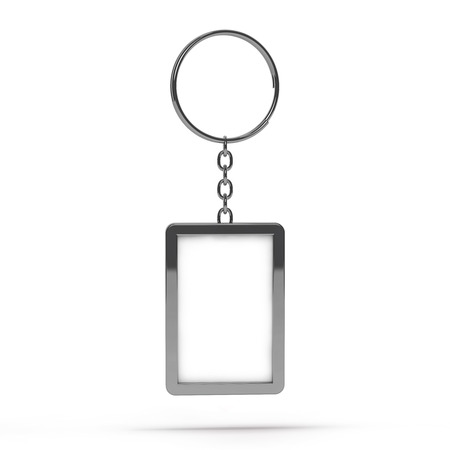 3D rendering illustration of a blank metal keychain with a ring for a key, Isolated on a changeable background. Ideal template for branding, identity guidelines and promo campaigns.の写真素材