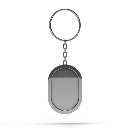 3D rendering illustration of a blank metal keychain with a ring for a key, Isolated on a changeable background. Ideal template for branding, identity guidelines and promo campaigns.の写真素材