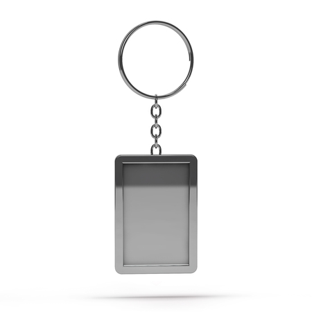 3D rendering illustration of a blank metal keychain with a ring for a key, Isolated on a changeable background. Ideal template for branding, identity guidelines and promo campaigns.の写真素材