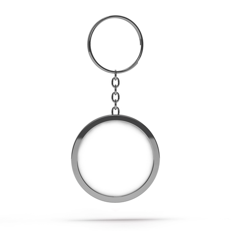 3D rendering illustration of a blank metal keychain with a ring for a key, Isolated on a changeable background. Ideal template for branding, identity guidelines and promo campaigns.の写真素材