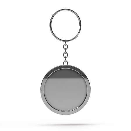 3D rendering illustration of a blank metal keychain with a ring for a key, Isolated on a changeable background. Ideal template for branding, identity guidelines and promo campaigns.の写真素材