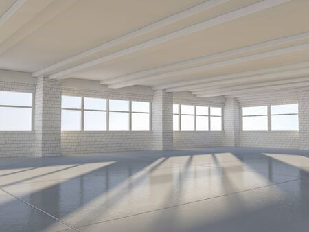 Sunny spacious area with windows. 3D rendering.の写真素材