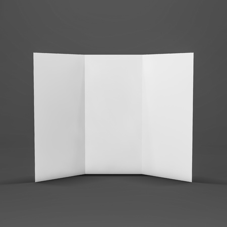 Blank mockup trifold flyer on dark background. 3D renderingの写真素材