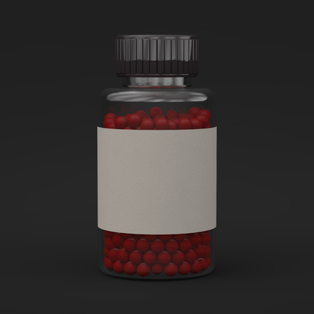 Blank template of glass jar with cap for pills. 3d mockup medical package for medication: tablets, vitamin or drugs. 3D rendreringの写真素材