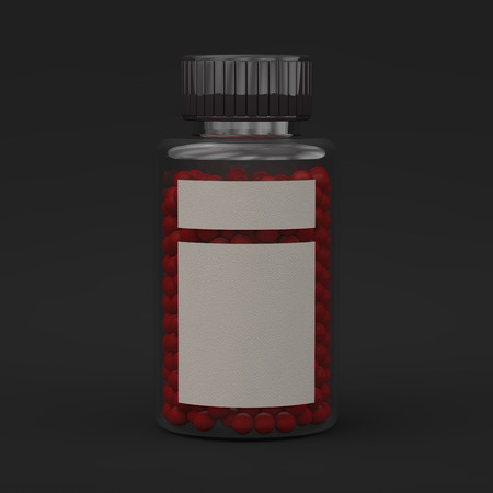Blank template of glass jar with cap for pills. 3d mockup medical package for medication: tablets, vitamin or drugs. 3D rendreringの写真素材