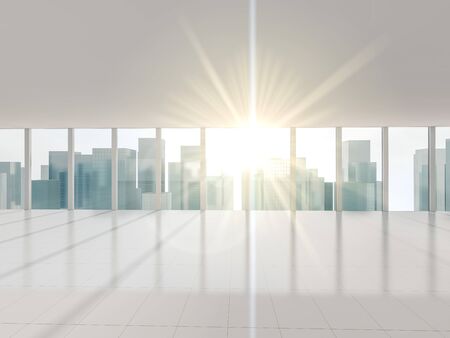 Big window with views of city. 3d renderingの写真素材