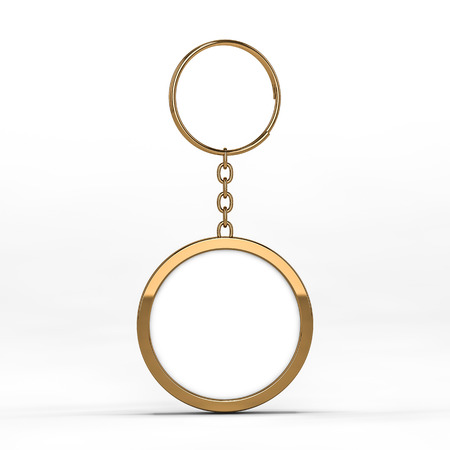 3D rendering illustration of a blank metal keychain with a ring for a key, Isolated on a white background. Ideal template for branding, identity guidelines and promo campaigns.の写真素材