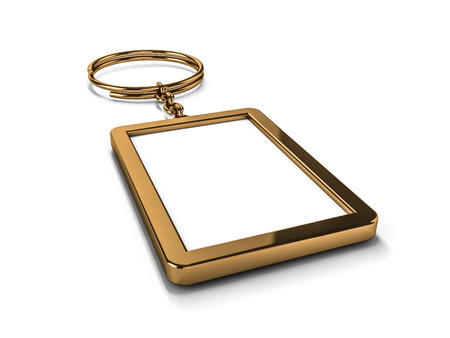 3D rendering illustration of a blank metal keychain with a ring for a key, Isolated on a white background. Ideal template for branding, identity guidelines and promo campaigns.の写真素材
