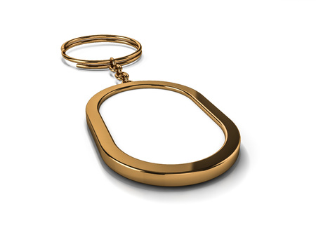 3D rendering illustration of a blank metal keychain with a ring for a key, Isolated on a white background. Ideal template for branding, identity guidelines and promo campaigns.の写真素材