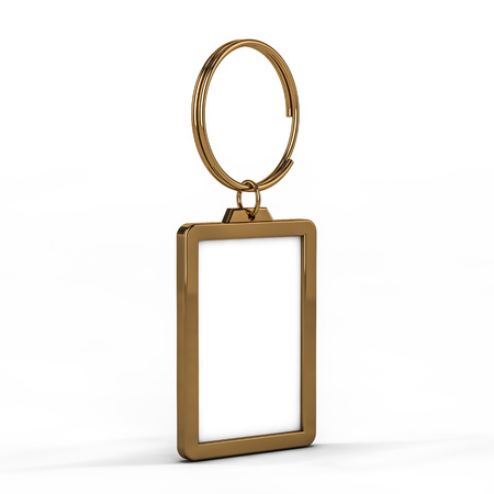 3D rendering illustration of a blank metal keychain with a ring for a key, Isolated on a white background. Ideal template for branding, identity guidelines and promo campaigns.の写真素材