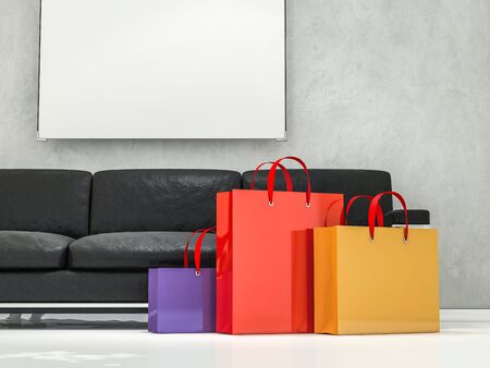Group of paper shopping bags in the interior. 3D renderingの写真素材