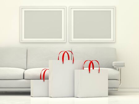 Group of paper shopping bags in the interior. 3D renderingの写真素材