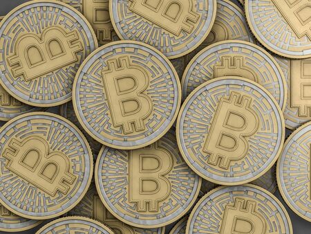 Golden coin with bitcoin symbol. Digital currency. 3D renderingの写真素材