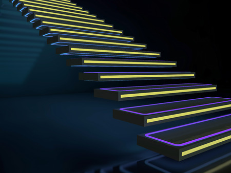 Stairs in neon lights going up to club or disco. 3D renderingの写真素材