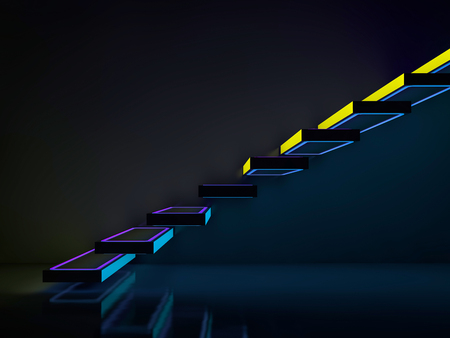 Stairs in neon lights going up to club or disco. 3D renderingの写真素材