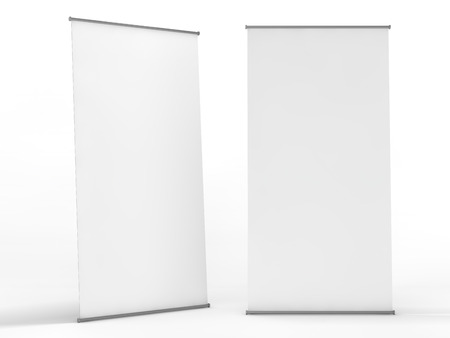 Blank roll up banner display. Template mockup. 3D renderingの写真素材