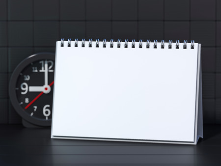Empty desk calendar on table. Mockup design concept. 3D rendering