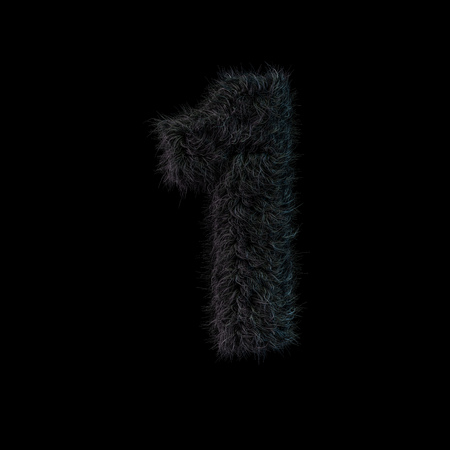 Uppercase fluffy and furry black font. Digit one. 3D renderingの写真素材