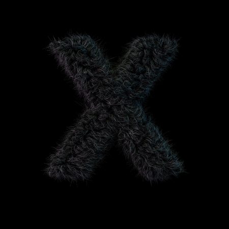 Uppercase fluffy and furry black font. Letter X. 3D renderingの写真素材