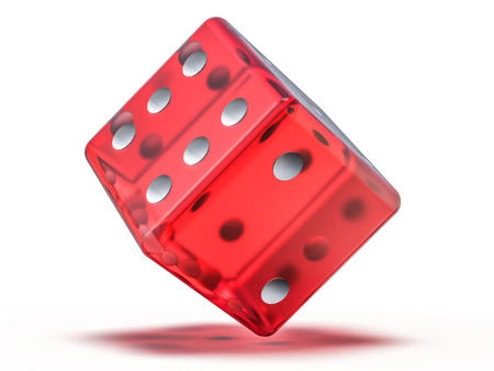 Red glass playing dice isolated on white background. 3D rendering