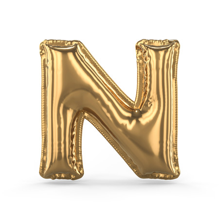 Golden letter N made of inflatable balloon isolated on white background. 3D renderingの写真素材