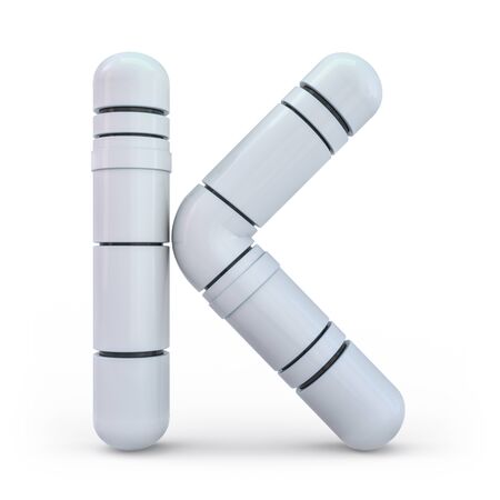 Capital letter K. Uppercase. Metallic futuristic white font. Mechanical alphabet. 3d rendering.の写真素材