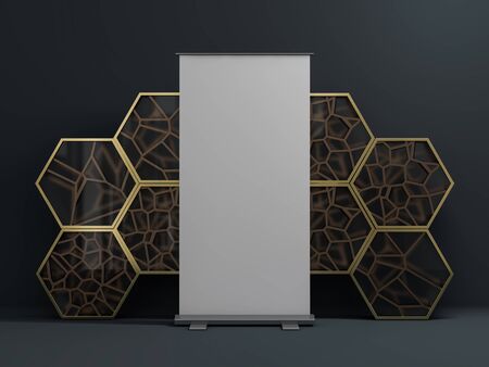 Blank roll up banner display. Template mockup. 3D renderingの写真素材