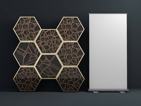Blank roll up banner display. Template mockup. 3D renderingの写真素材