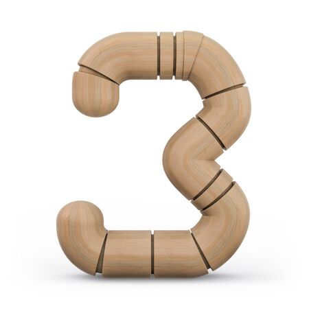 Number 3. Digital sign. Wooden futuristic font. Carved alphabet 3d renderingの写真素材