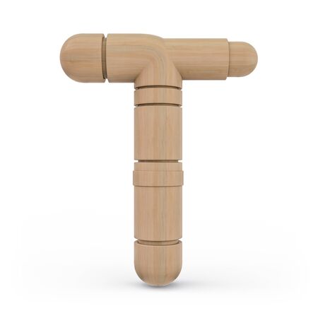 Capital letter T. Uppercase. Wooden futuristic font. Carved alphabet. 3d rendering.の写真素材