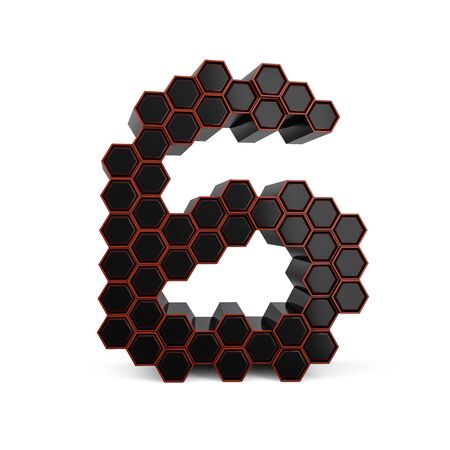 Number 6. Digital sign. Black glossy abstract honeycomb font. 3D renderingの写真素材