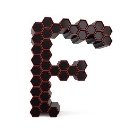 Capital letter F. Uppercase. Black glossy abstract honeycomb font. 3D renderingの写真素材