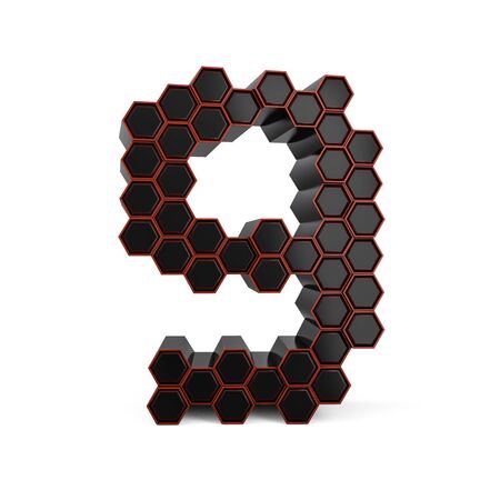 Number 9. Digital sign. Black glossy abstract honeycomb font. 3D renderingの写真素材