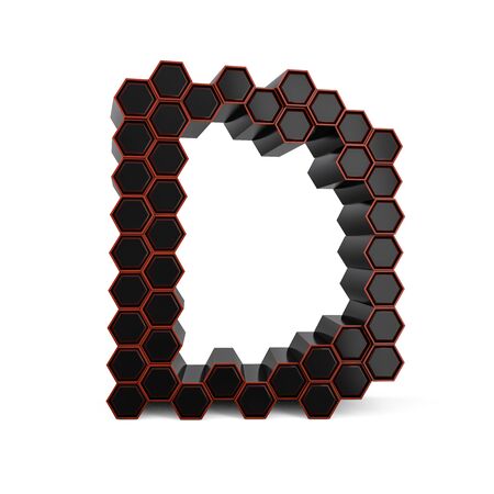 Capital letter D. Uppercase. Black glossy abstract honeycomb font. 3D renderingの写真素材