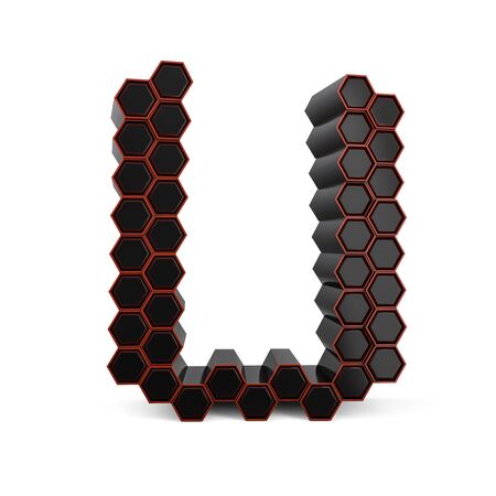 Capital letter U. Uppercase. Black glossy abstract honeycomb font. 3D renderingの写真素材
