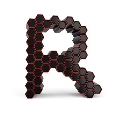 Capital letter R. Uppercase. Black glossy abstract honeycomb font. 3D renderingの写真素材