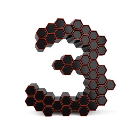 Number 3. Digital sign. Black glossy abstract honeycomb font. 3D renderingの写真素材