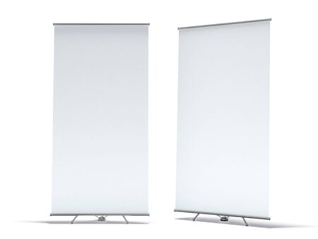 Blank roll up banner display. Template mockup. 3D renderingの写真素材