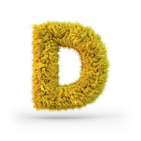 Capital letter D. Uppercase. Yellow fluffy and furry font. 3D renderingの写真素材