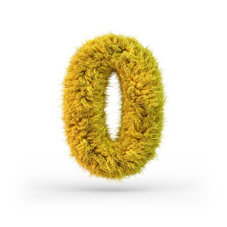 Number 0. Digital sign. Yellow fluffy and furry font. 3D renderingの写真素材