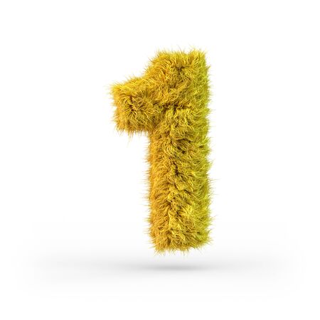 Number 1. Digital sign. Yellow fluffy and furry font. 3D renderingの写真素材